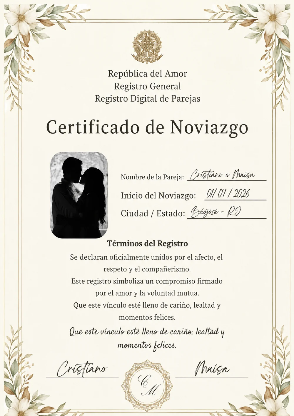 Ejemplo de certificado de noviazgo con foto
